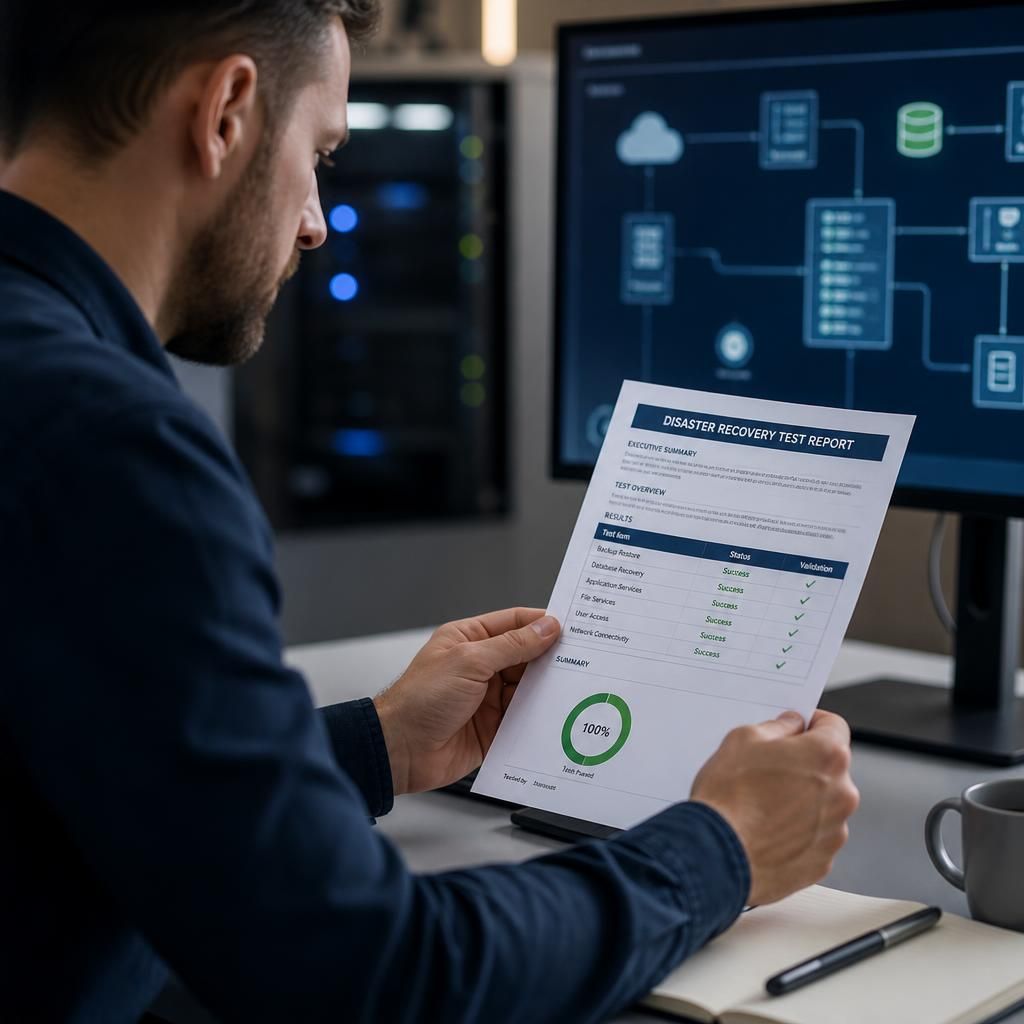 Disaster recovery test report showing system restoration results and validation checks