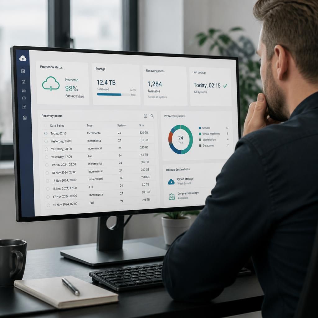 Cloud backup dashboard showing stored recovery points and protected business data