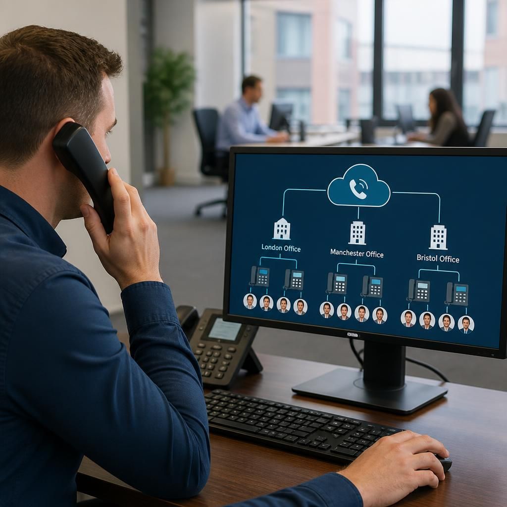 Office locations connected by a cloud phone system with users and extensions