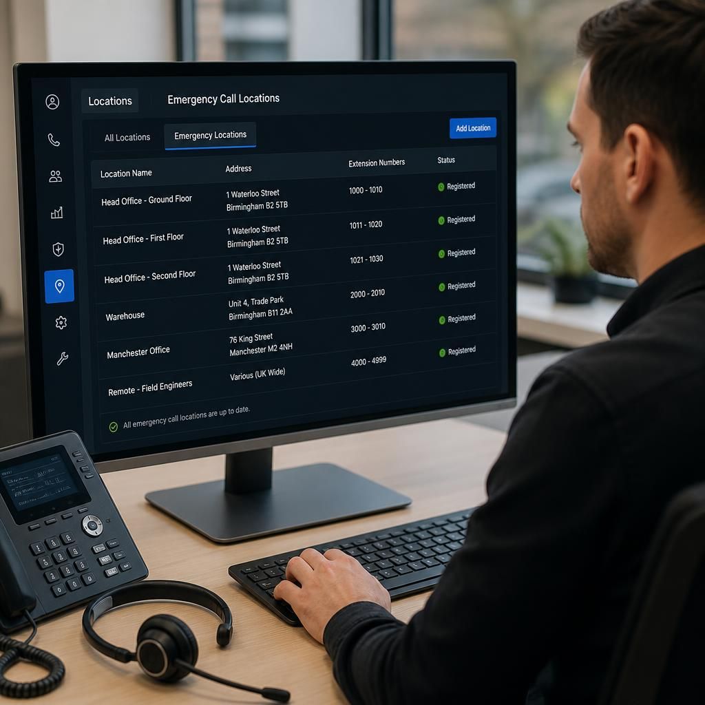 Business VoIP control panel showing registered emergency call locations