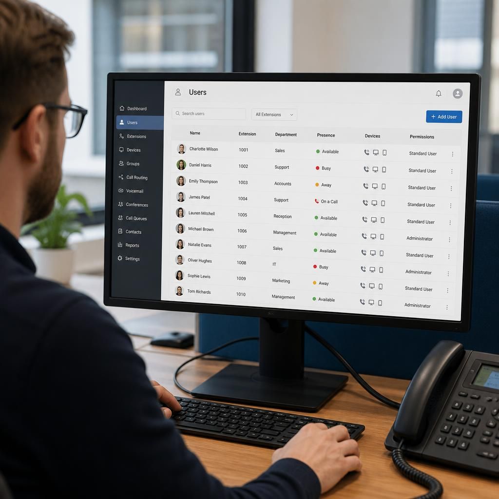 VoIP administration screen showing user accounts, extensions, devices and call permissions