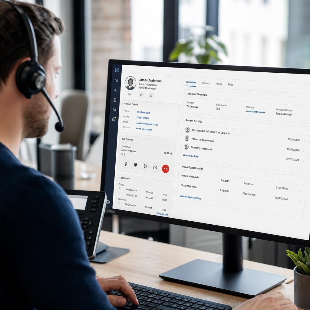 CRM dashboard with embedded call controls and customer details