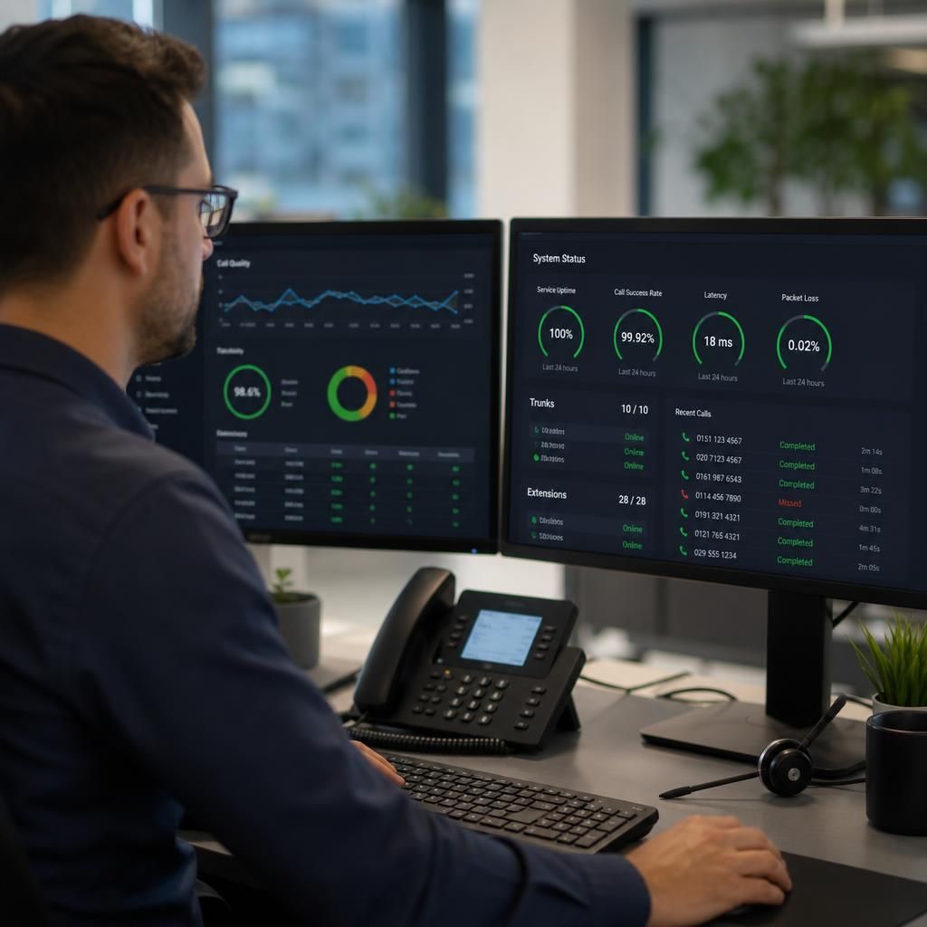 VoIP monitoring dashboard showing call quality metrics and service status