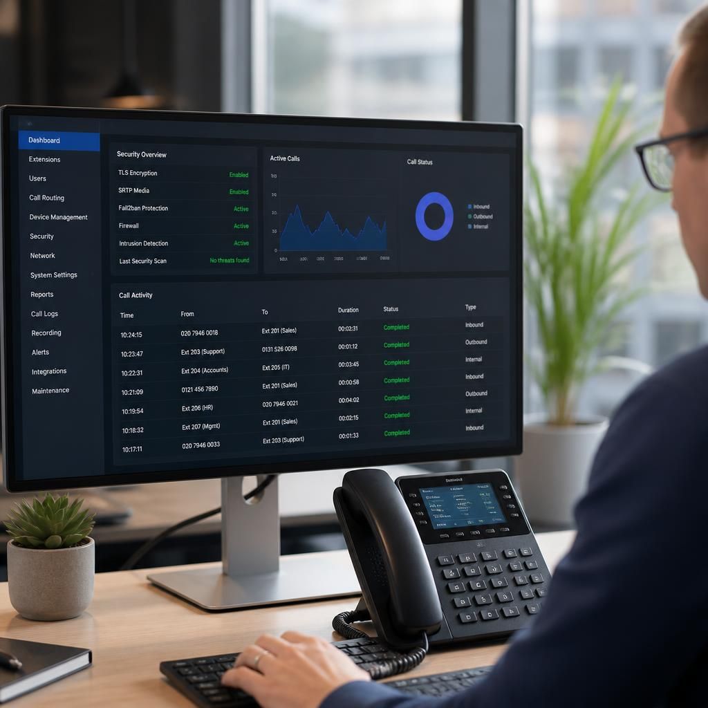 Business VoIP security settings and call activity displayed on a computer monitor