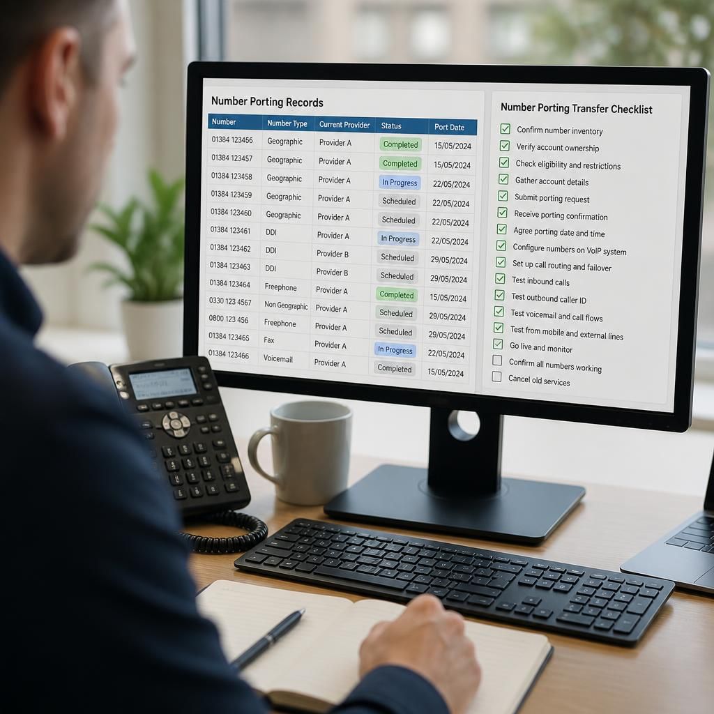 Business phone number porting records and a transfer checklist on a computer screen