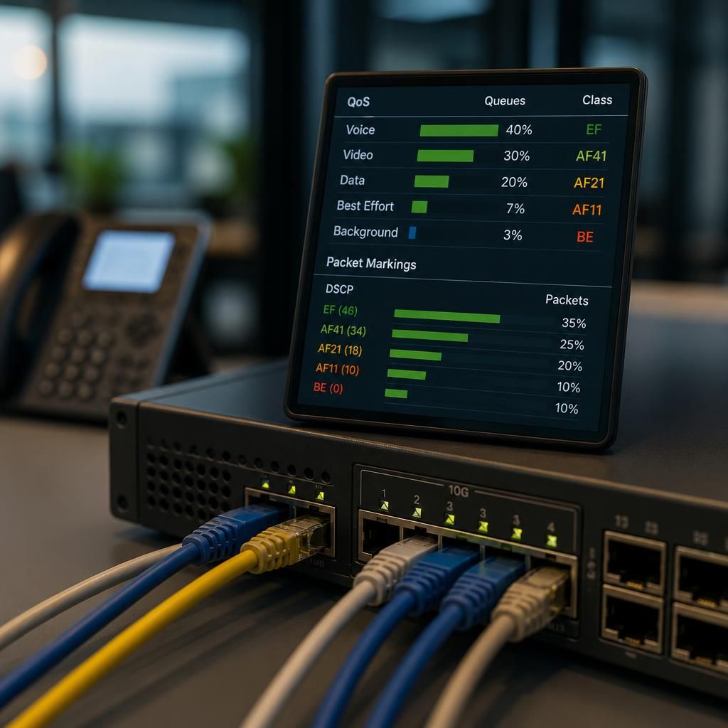 Network switch and router displaying voice traffic queues and packet markings