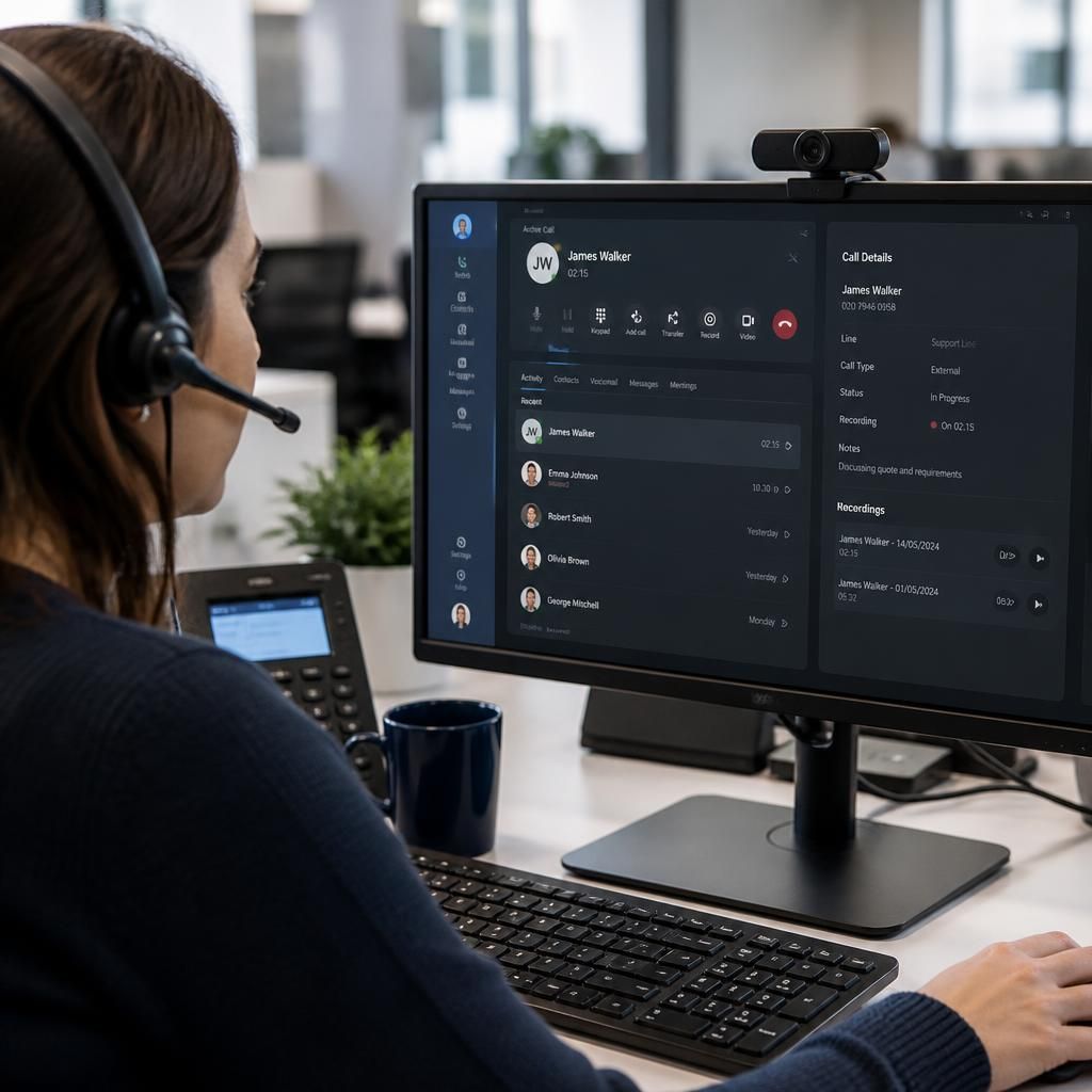 Employee using a headset with a business VoIP call interface on screen