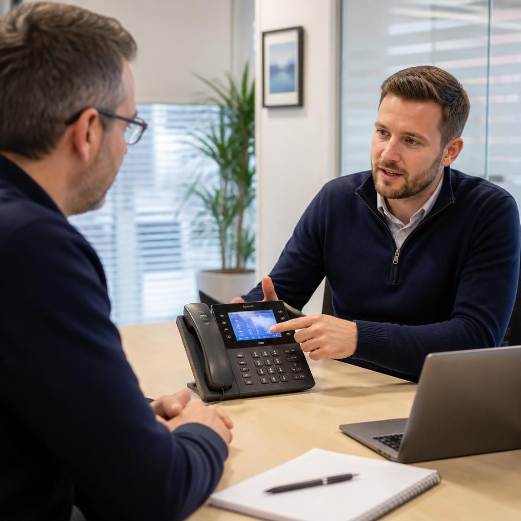 IT specialist discussing a business phone system with a client at a desk