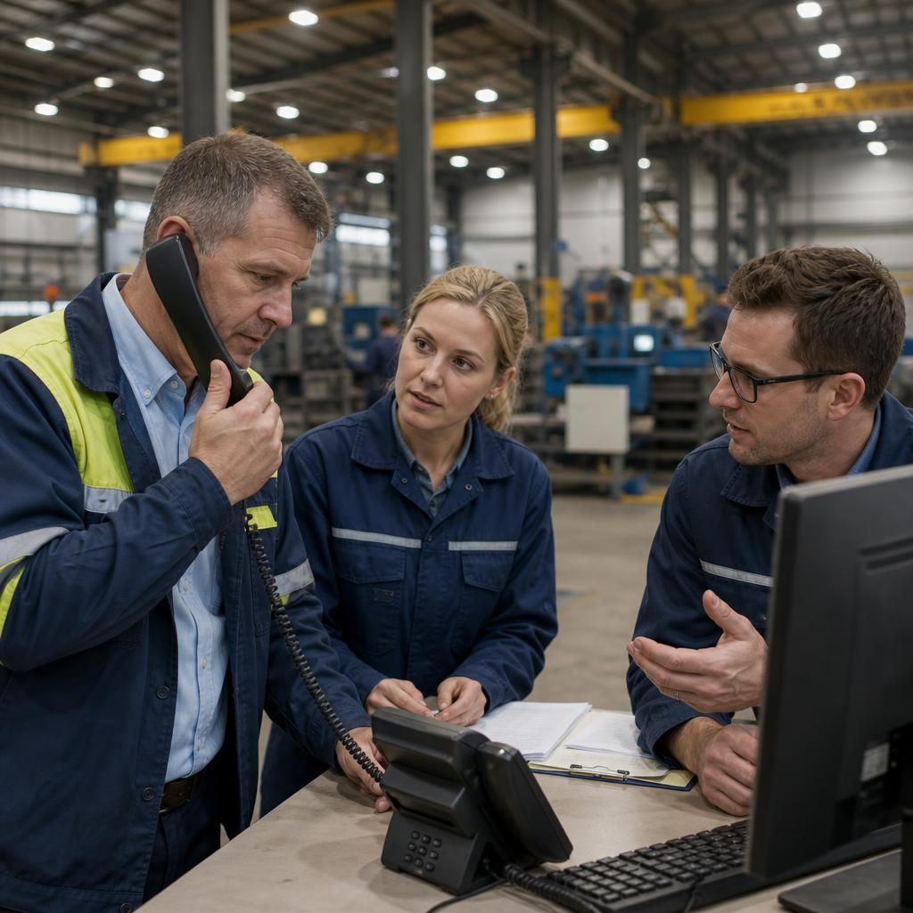 Manufacturing staff coordinating operations using business telephone systems