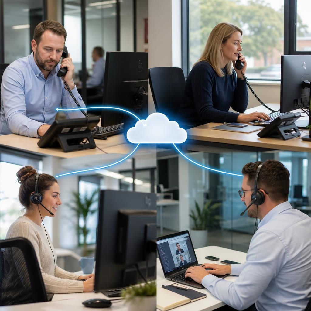 Employees in different offices connected through a cloud phone system