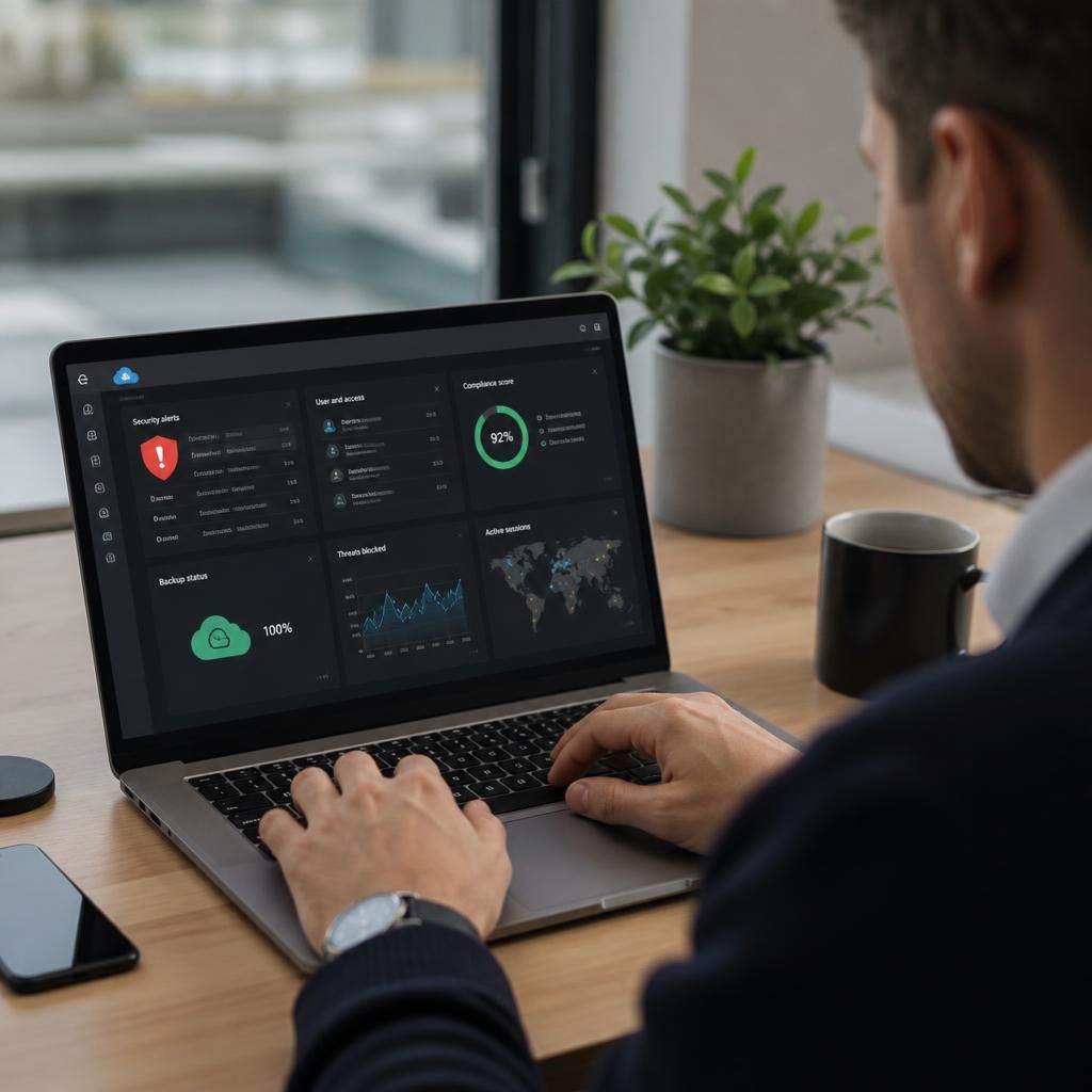 Laptop and cloud security dashboard showing alerts, access controls and backup status
