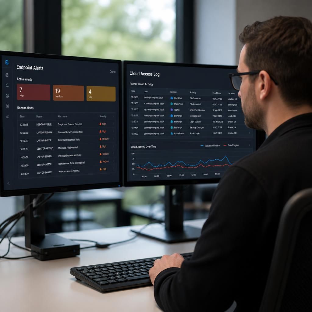 Security dashboard showing endpoint alerts alongside cloud access logs