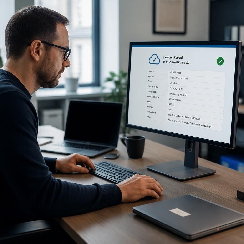 IT administrator reviewing a cloud deletion record beside a retired laptop