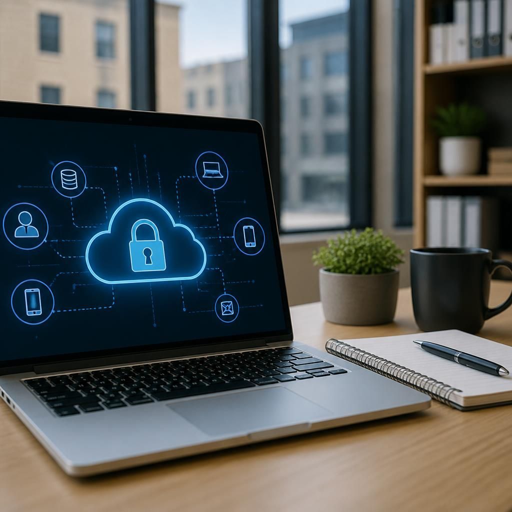 Laptop beside cloud storage and network connection diagrams