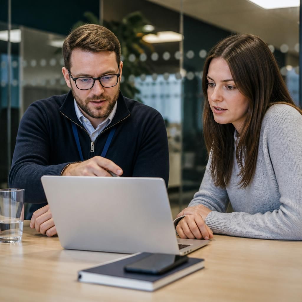 IT specialist reviewing security settings on a laptop with a colleague