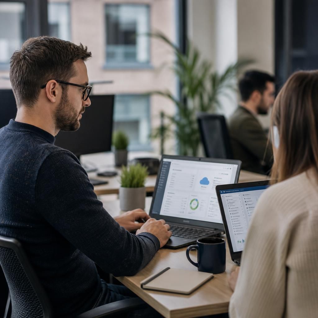 Professional services team working securely on cloud applications and managed laptops