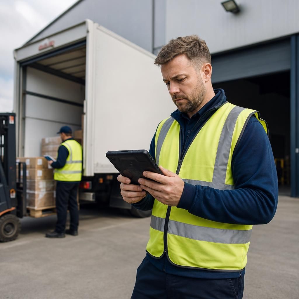 Logistics staff member using a protected mobile device to access cloud systems