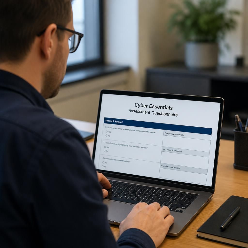 Technician reviewing a Cyber Essentials assessment questionnaire on a laptop