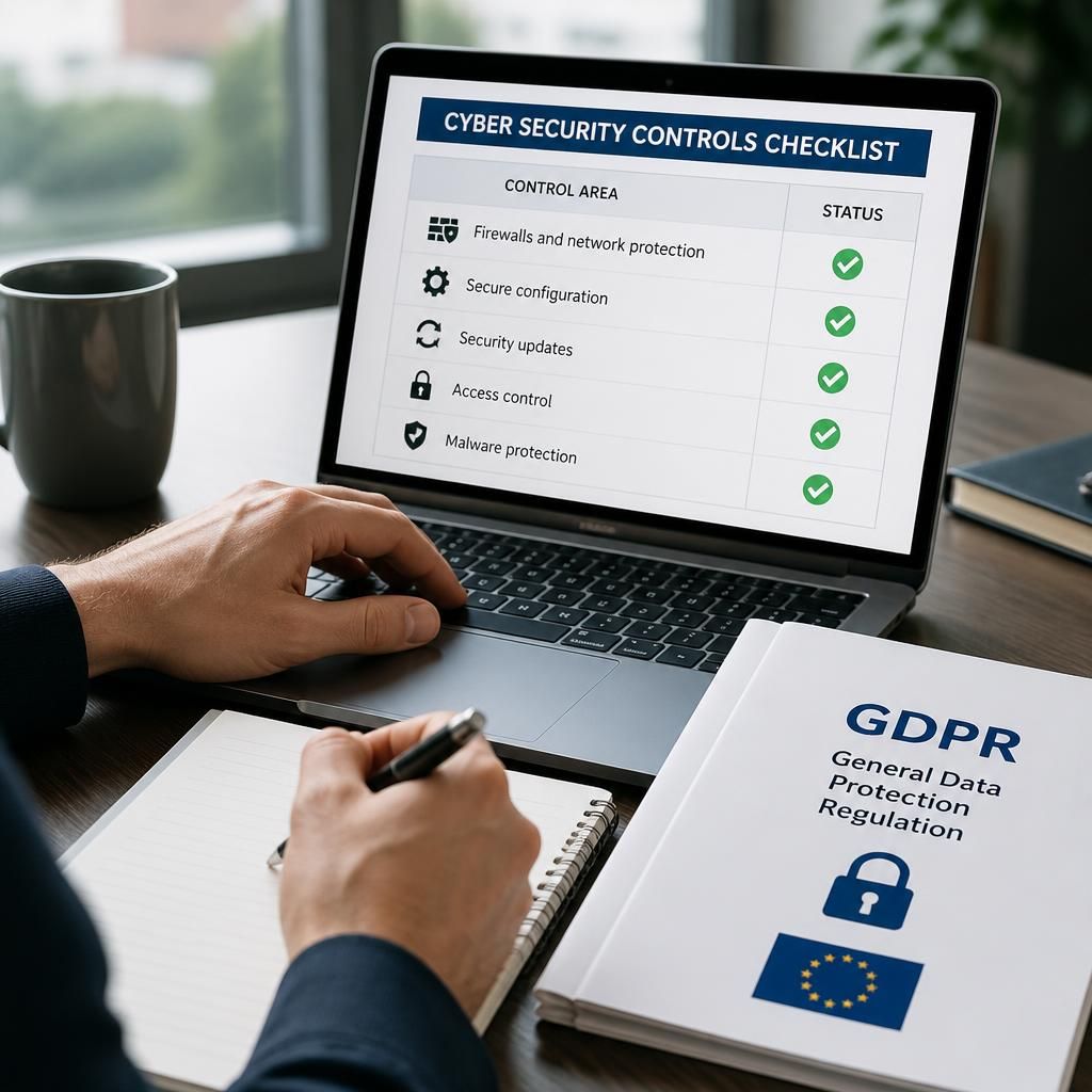 Computer screen showing a cyber security controls checklist beside GDPR documents