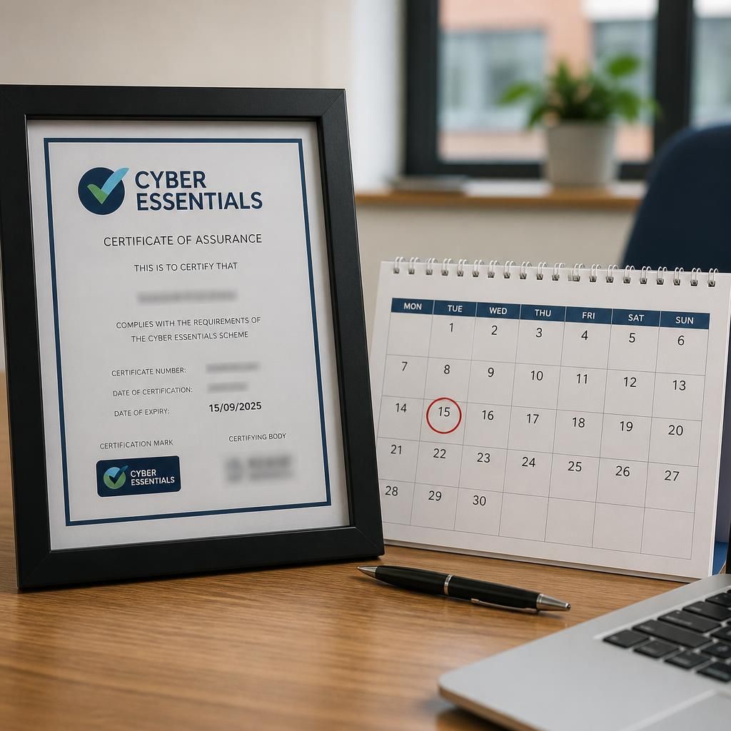 Cyber Essentials certificate beside a calendar showing its expiry date