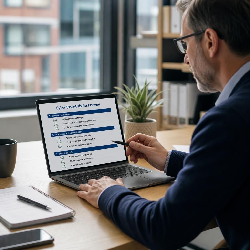 IT consultant reviewing a Cyber Essentials assessment checklist on a laptop