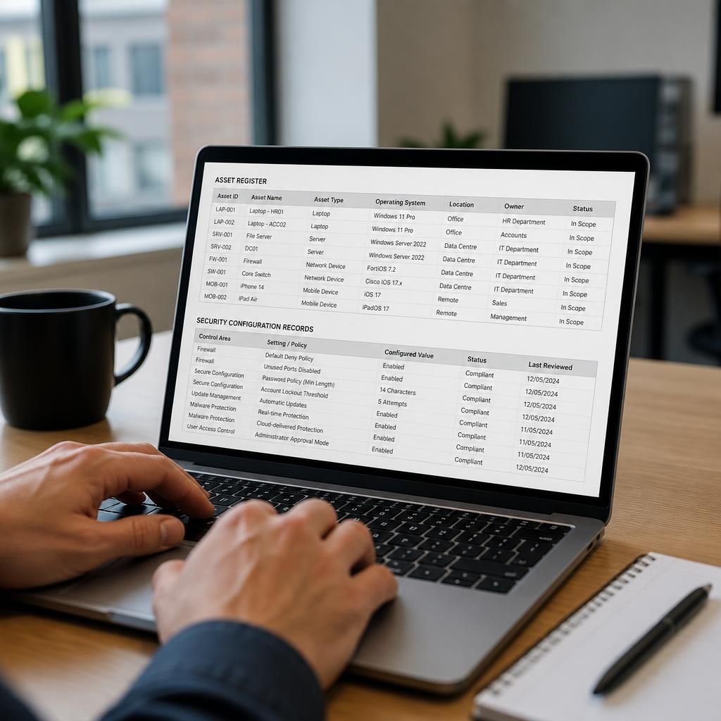 Laptop displaying an asset register and security configuration records