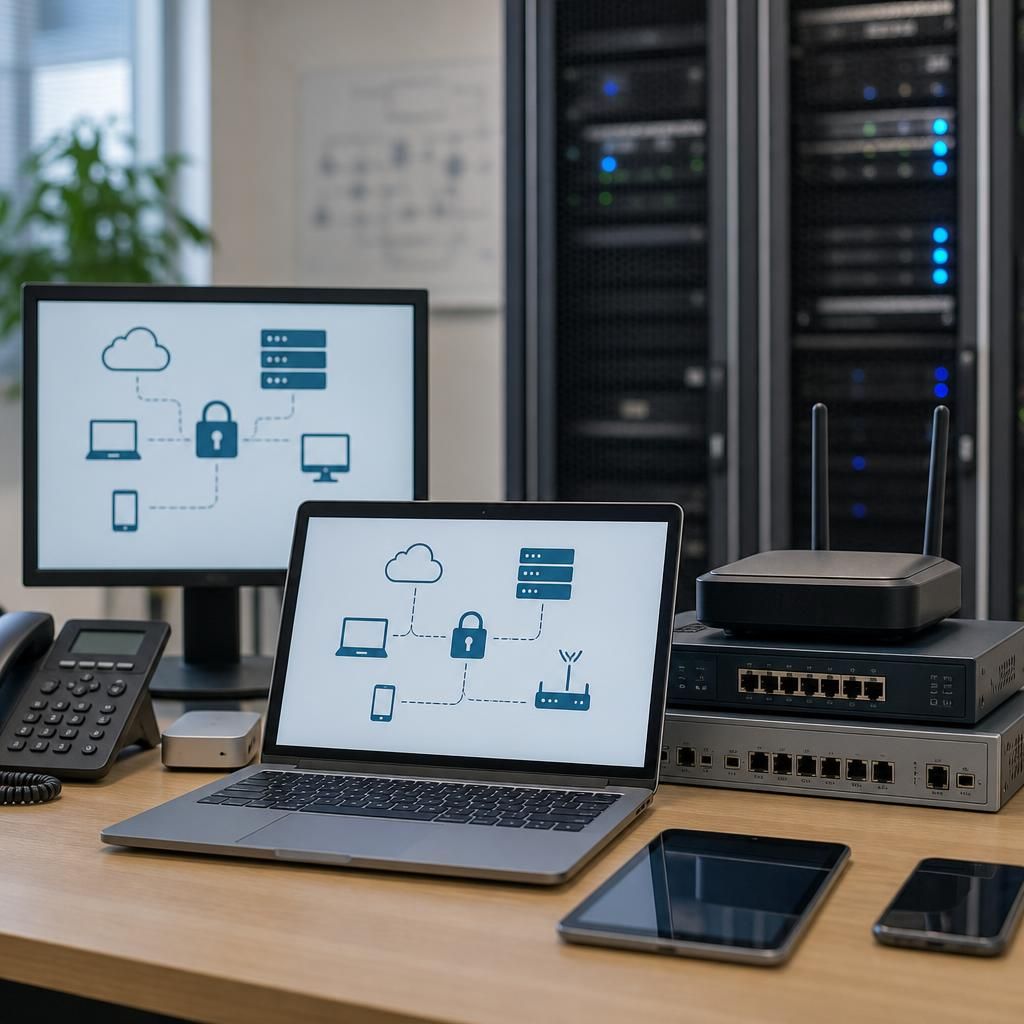 Diagram showing laptops, servers, cloud services and network equipment connected to business systems