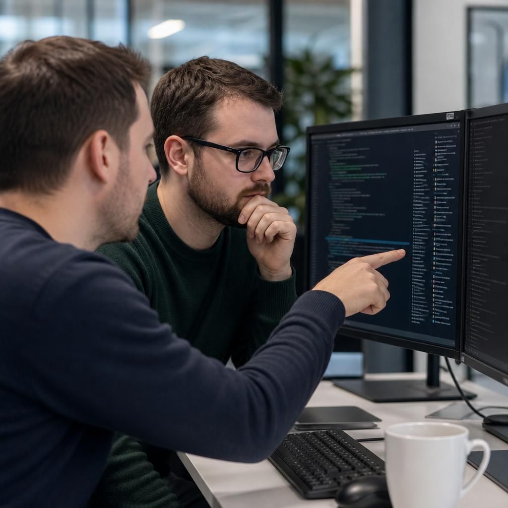 IT professional reviewing security settings on a computer with a colleague