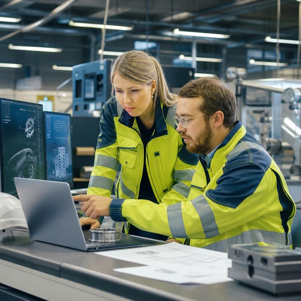 Manufacturing staff working with connected business systems