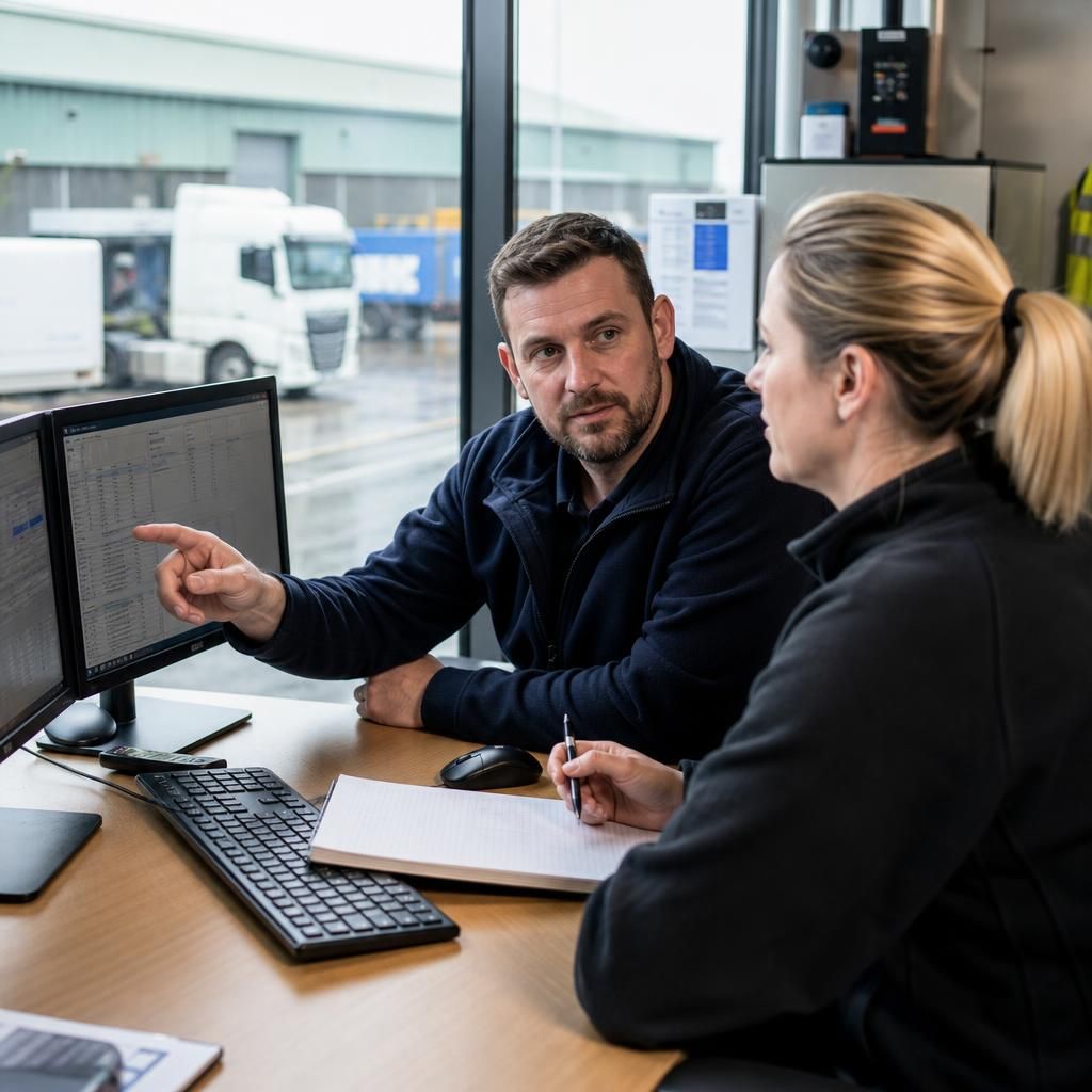 Logistics team reviewing digital operations and security controls