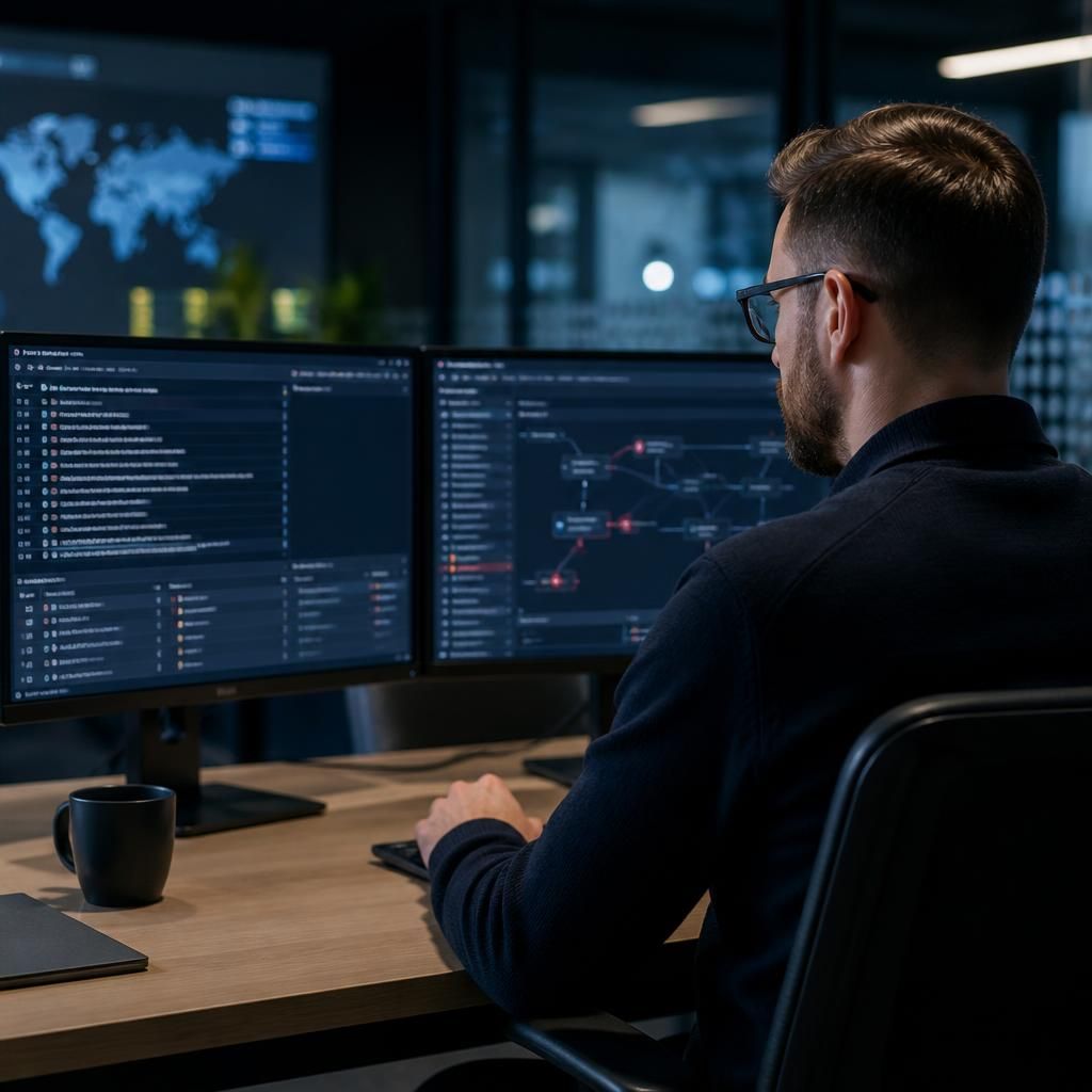 Security analyst reviewing account and network activity timelines on computer monitors