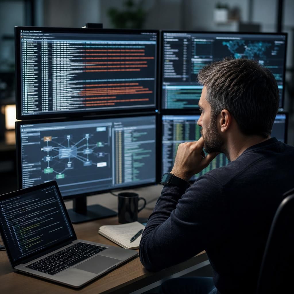 Security analyst reviewing incident logs and system activity on multiple screens