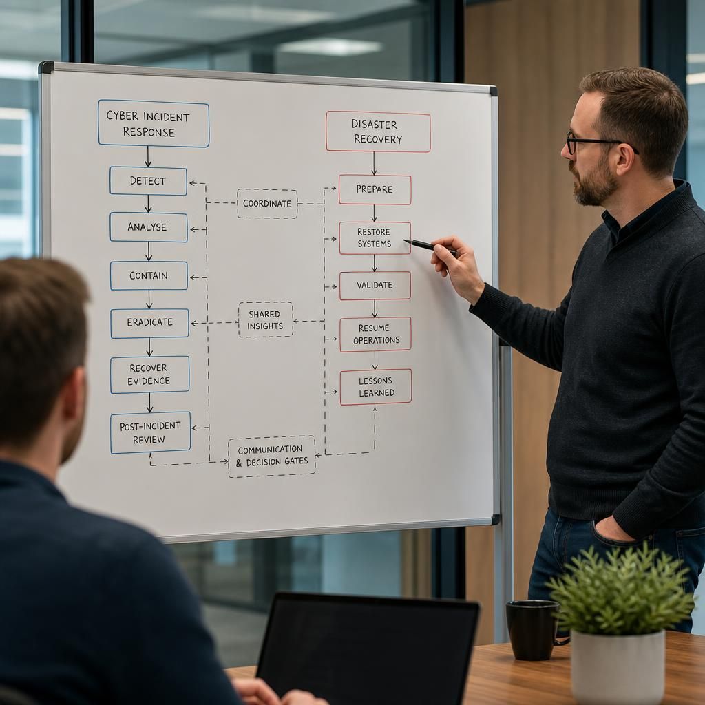 Cyber incident response and disaster recovery workflow displayed on a planning board