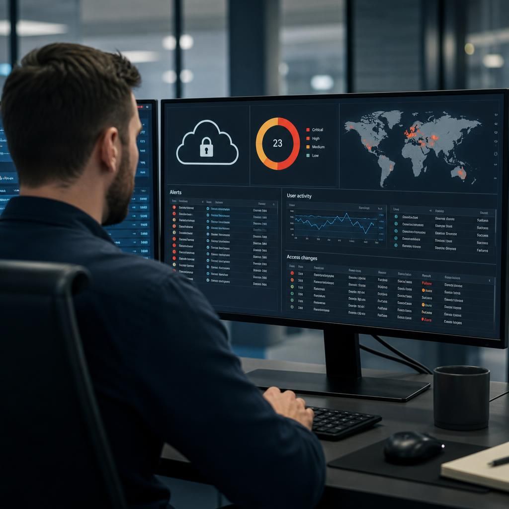 Cloud security dashboard showing alerts, user activity and access changes during an incident