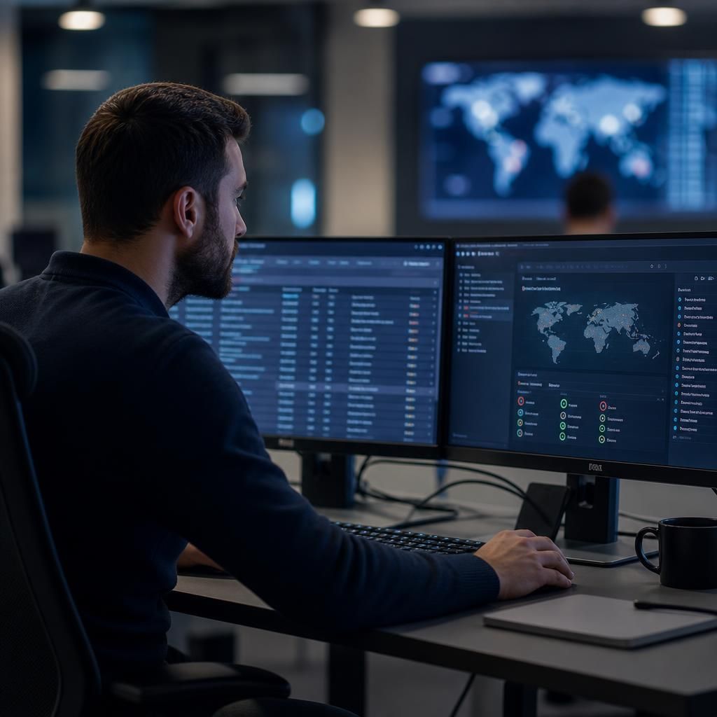 Security analyst reviewing account login records and access activity on a computer screen