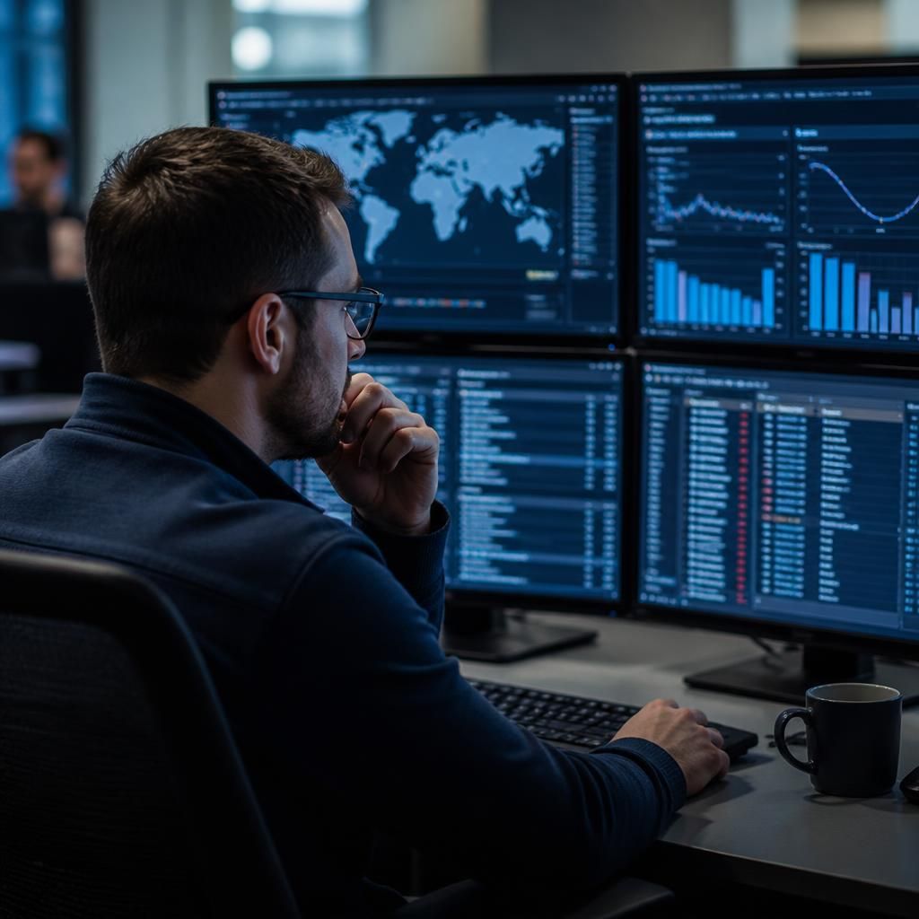 Cyber security consultant reviewing incident logs and system activity on multiple monitors