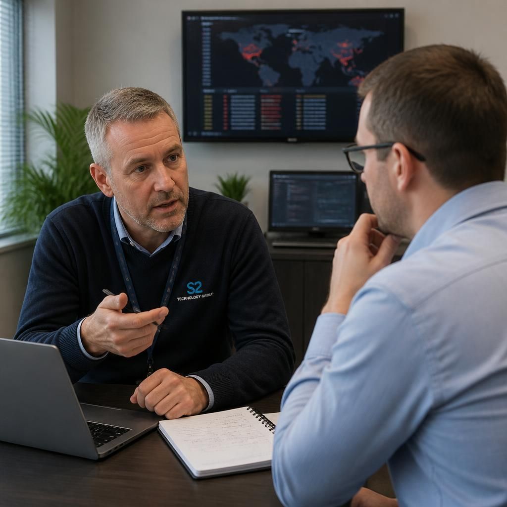 IT consultant discussing security issues with a business client at a desk