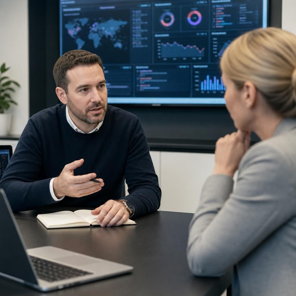 Professional services team reviewing cyber security procedures with an IT consultant