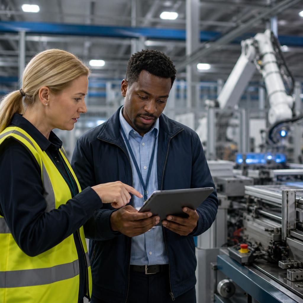 Manufacturing staff discussing secure access to operational technology and business systems