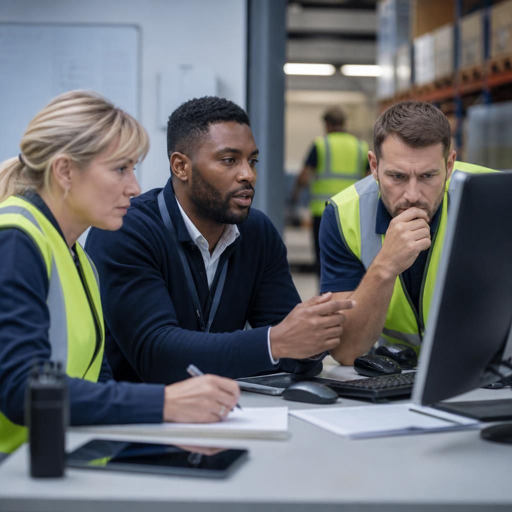 Logistics team examining business systems and secure user access with an IT professional
