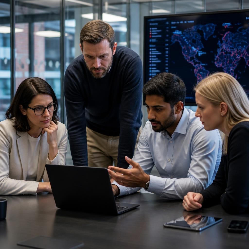 Growing business team discussing cyber security risks and technology dependencies