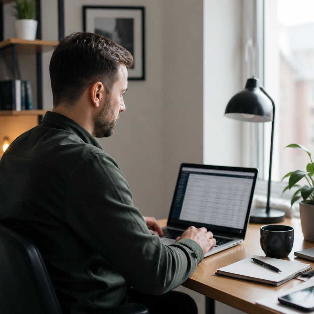 Employee using a laptop to access business systems from a home workspace