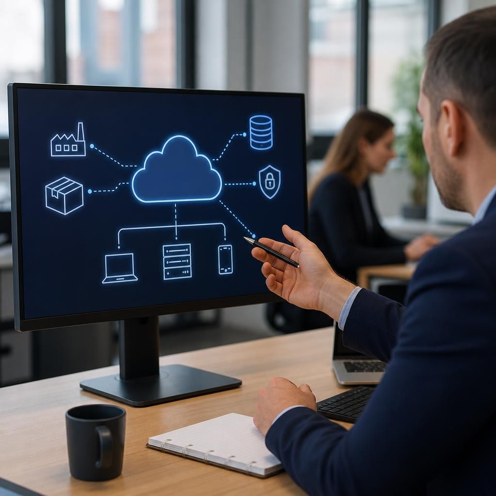 Diagram showing a supplier connected to business systems through cloud services and data exchanges