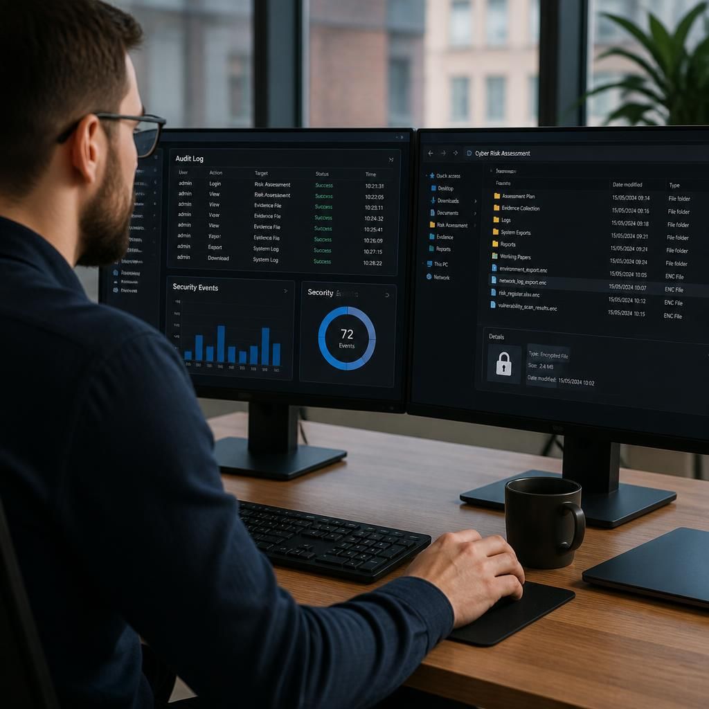 Assessor reviewing audit logs and cyber risk assessment files on a secure computer