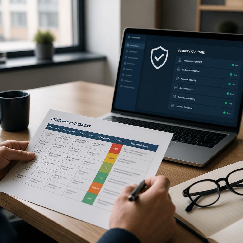 Cyber risk assessment document beside a laptop displaying security controls