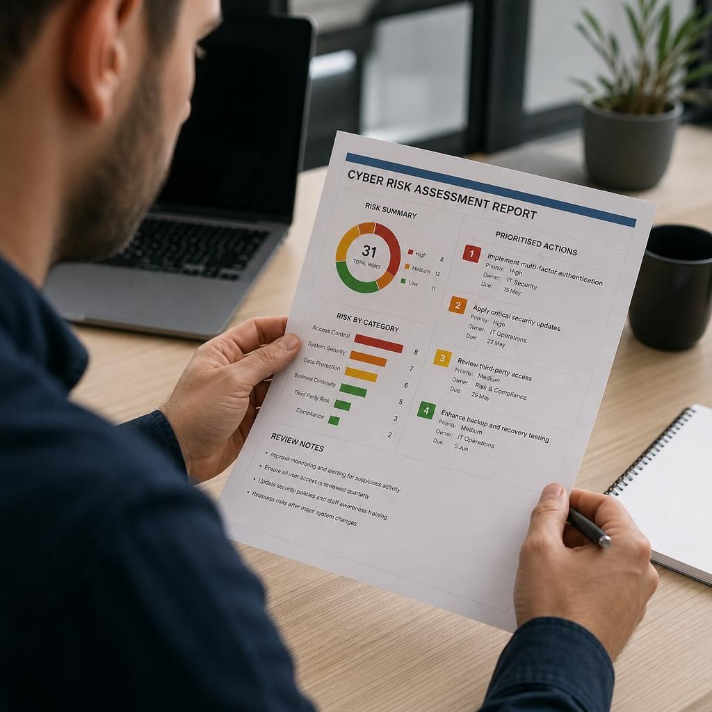 Cyber risk assessment report showing prioritised actions and review notes