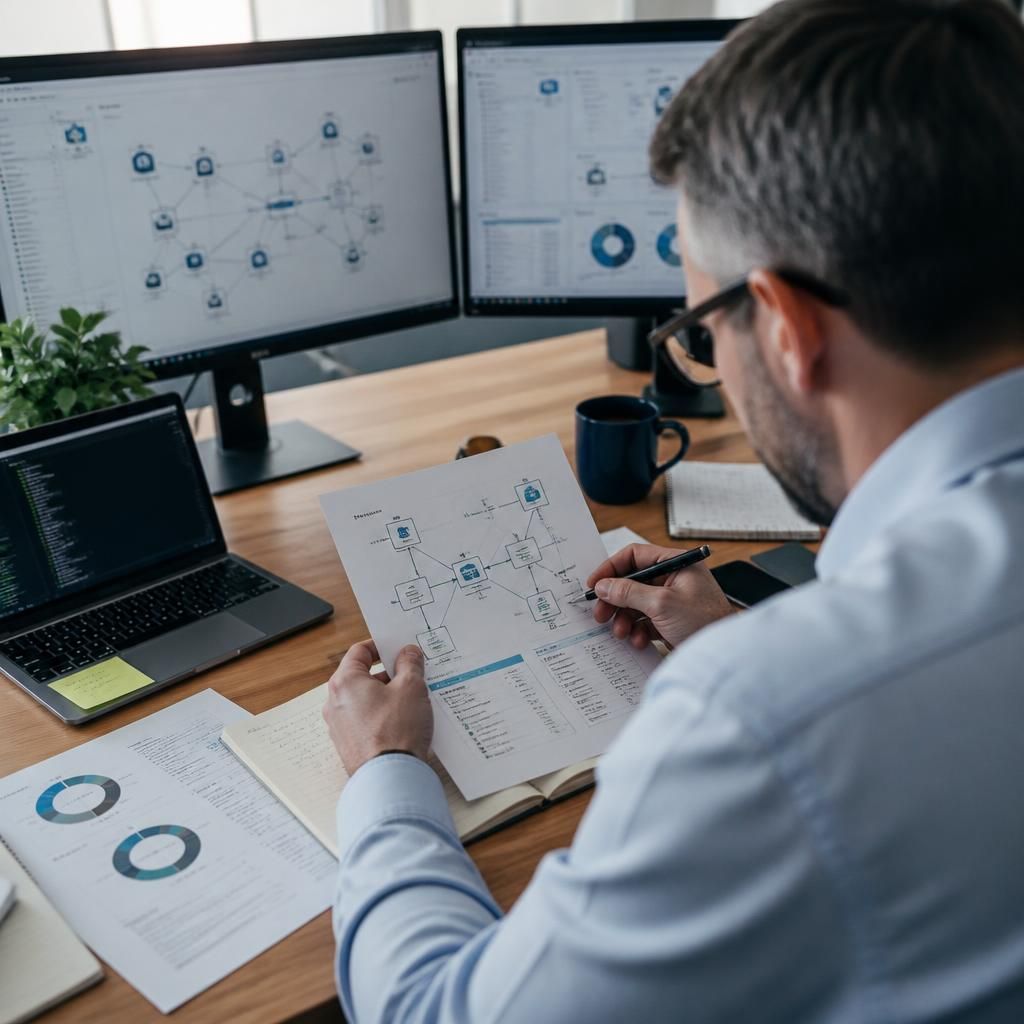 Cyber risk assessor reviewing security documents and network diagrams on a desk