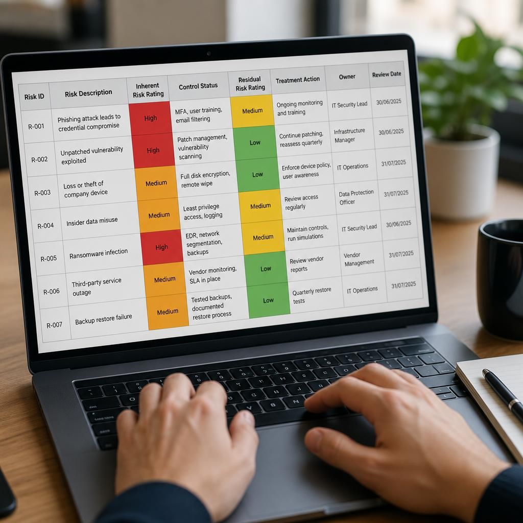 Risk register showing residual risk ratings, control status and treatment actions