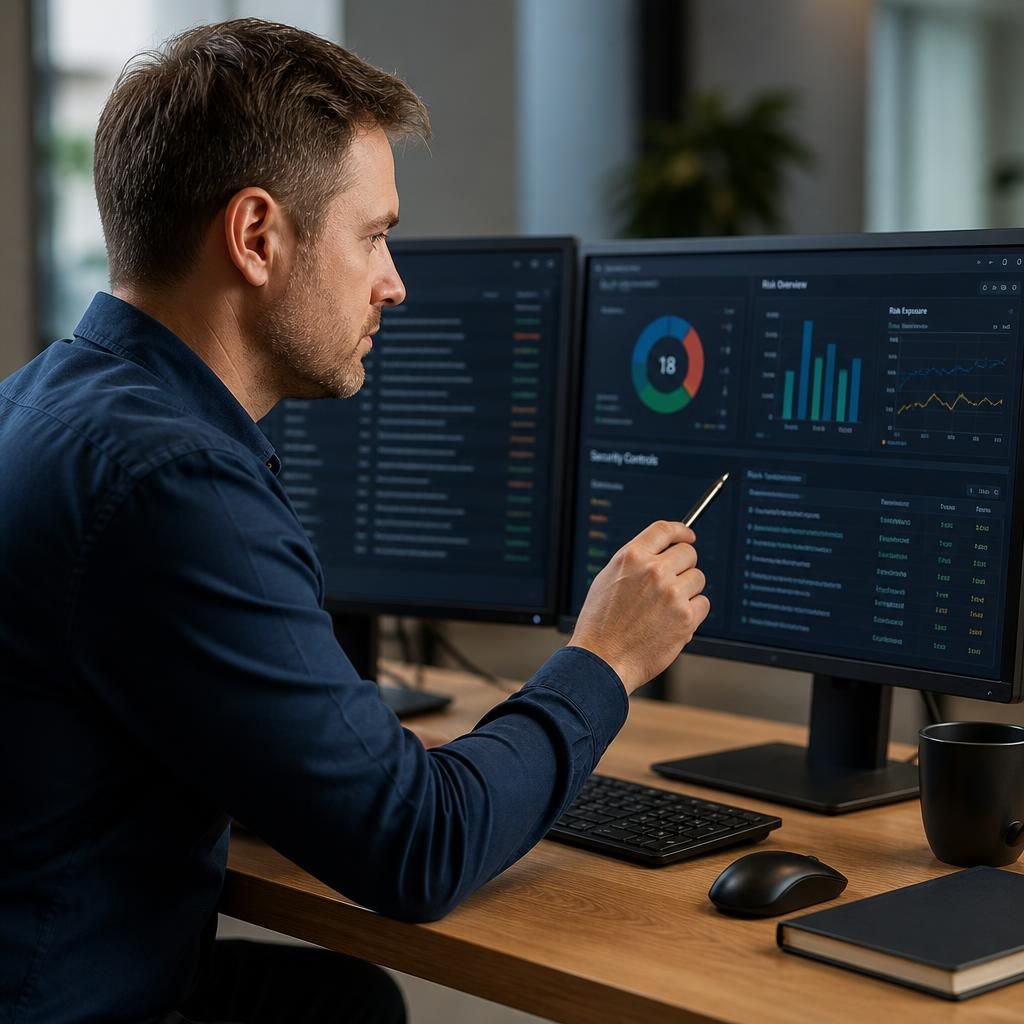 Cyber risk assessor reviewing system changes, security controls and risk evidence on a computer