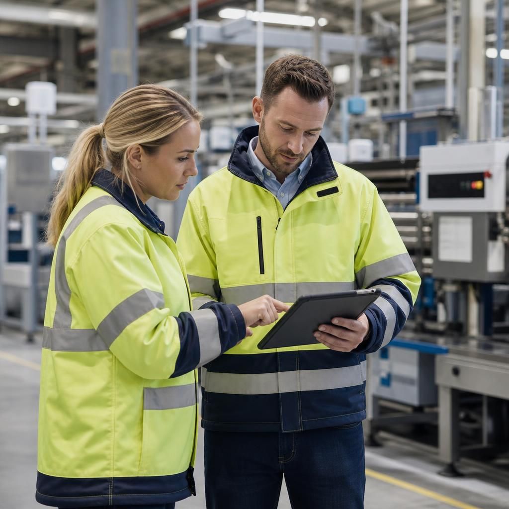 Manufacturing staff reviewing secure operational systems
